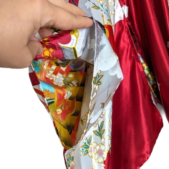Vintage Satin Authentic Japanese Kimono Open Front Sash Tie Red White Maxi OS - Picture 8 of 13